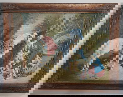 Large Signed W. Gaylen Oil On Canvas: Large framed and signed oil on canvas. Signed W. Gaylen. Featuring a European courtyard with man and woman accompanied by dogs and horses. Some age cracks present in paint. Gilded wood frame. Approxim