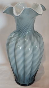 Beautiful Fenton Swirl Cased Glass Art Vase: Beautiful Fenton art glass vase. Gray and white swirl cased glass. Ruffled edge top. Approximately 11"h. Photos are considered part of the condition and description. 606-24