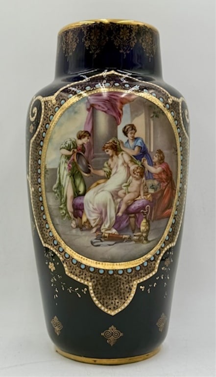 Vintage Ernst Wahliss Cobalt & Gold Porcelain Vase: Vintage Ernst Wahliss cobalt and gold porcelain vase. Featuring printed figural center and hand applied blue and gold accents. Some wear to gold. Slight glaze imperfection present on picture. No chips