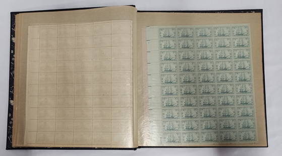 Large Collection of Vintage Uncut Stamps: Large collection of vintage uncut stamps. 40 Sheets total including (38) 3 cent stamps and (2) 5 cent stamps. All sheets have serial number. Includes binder, approximately 12" x 12". Photos are consid