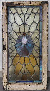 Vintage Stained Glass Framed Window Panel: Vintage stained glass framed window panel. Art nouveau style. Imperfections present including minor cracks in glass and wood and paint loss present around frame. Approximately 39.5"h x 19"w. Photos ar