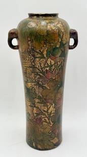 Vintage Hand Painted Japanese Vase: Vintage Japanese vase. Featuring crackle glaze over hand painted flowers and animal motif. Handled. Approximately 14.75"h x 7.25"w x 5.75"d. Photos are considered part of the condition and description