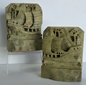 Pr. Hand Carved Soapstone Clipper Ship Bookends
