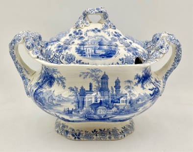 Vintage Large Blue & White Soup Tureen: Vintage large blue and white soup tureen. No markings present. Natural crazing present. Approximately 10"h x 13.5"w x 9.25"d. Photos are considered part of the condition and description. 816