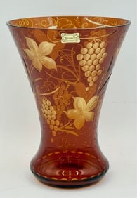 Egermann Czech Bohemia Amber Etched Vase
