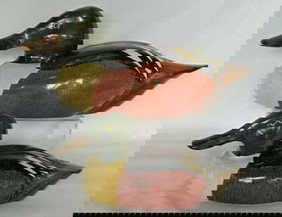 Pr. Hand Crafted Shoveler Wooden Duck Decoys: Pair of vintage shoveler wooden duck decoys. Heavily detailed and hand crafted. Glass eyes. Artist signed, Gene Malin. 1993 #17 Approximately 5.5"h x 13.5"l x 6"w and 1998 approximately 3.5"h x 9"l x