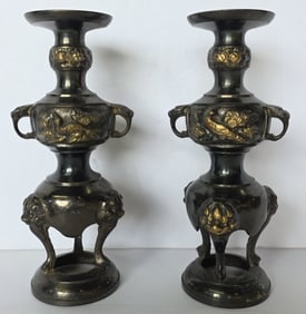 Vintage Japanese Buddhist Bronze? Candle Stands