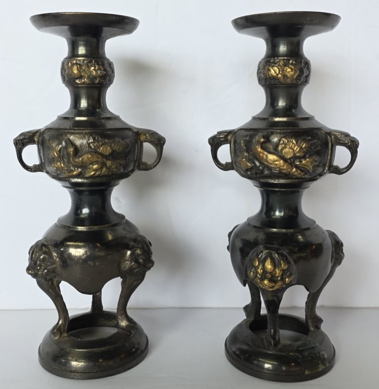 Vintage Japanese Buddhist Bronze? Candle Stands: Pair of vintage Japanese Buddhist bronze? candle stands. Approximately 6.5"h. Photos are considered part of the condition and description. 415