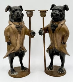 Pair Bronze Bulldog Butler Candle Holders
