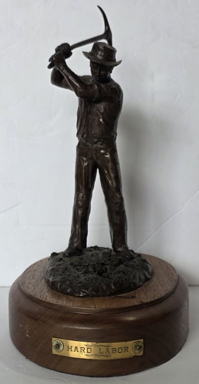 'Hard Labor' by Cypher Bronze Sculpture: 'Hard Labor' bronze sculpture by Cypher. On wood base. Numbered 1/20. Approximately 13"h x 9"w x 7"d. Photos are considered part of the condition and description. 505-13