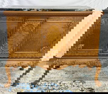 Beautiful Burlwood Marble Top Sideboard: Beautiful burlwood and marble top side board. Applied wood accents on panels. Single internal pull out drawer. Chippendale legs. Approximately 35"h x 42"w x 19"d. Photos are considered part of the con