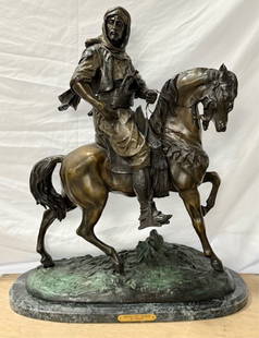 Antoine-Louis Barye 'Arab on Horse' Bronze: Antoine-Louis Barye 'Arab on Horse' bronze statue. On marble base. Heavy. Approximately 29"h x 25"w x 12"d. Photos are considered part of the condition and description. 217-6
