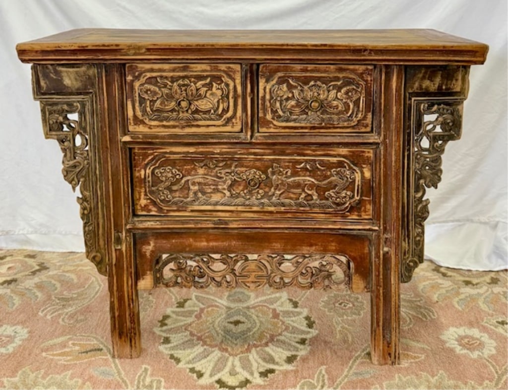 Vintage Carved Front Oriental Teakwood Alter Table (1 of 11)