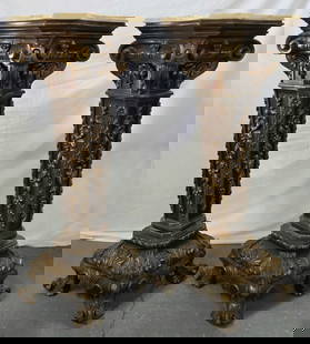 Pr. Baroque Style Gilt Wood Pedestals: Pair of Baroque style gilt wood marble ? top pedestals. Carved floral and scroll leaf design with cream marble ? tops. Minor nick present in wood. Approximately 40.5"h x 16"w x 106"d. Photos are consi
