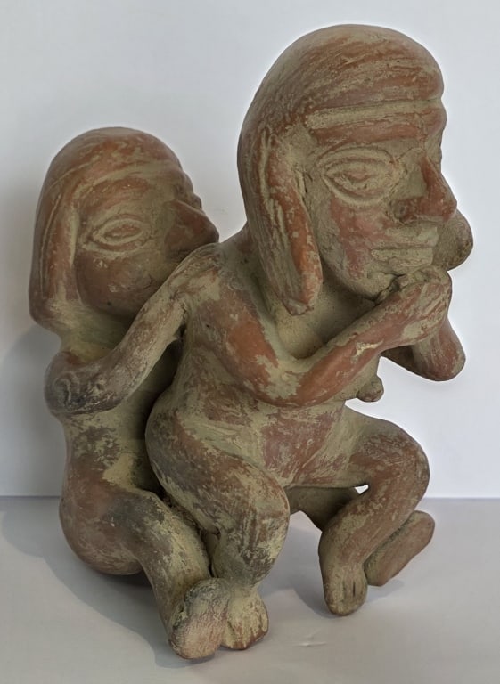 Mayan Terracotta Erotic Pottery Sculpture: Mayan terracotta erotic pottery sculpture. Approximately 7.5"h x 6"w x 4"d. Photos are considered part of the condition and description. R