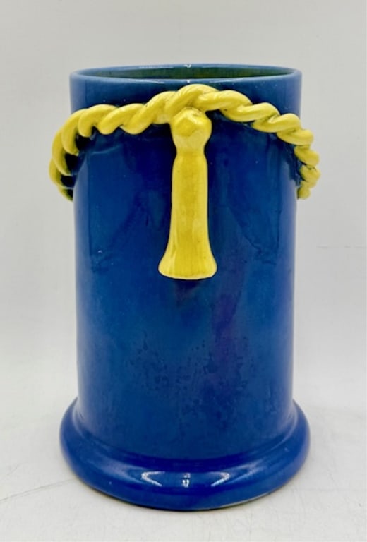 Stangl Pottery "Tropical Ware" Cylinder Vase: Vintage Stangl Pottery "Tropical Wave' cylinder vase. Beautiful blue color with bright yellow tassel detail. Approximately 8"h x 5"w x 5.5"d. Photos are considered part of the condition and descriptio