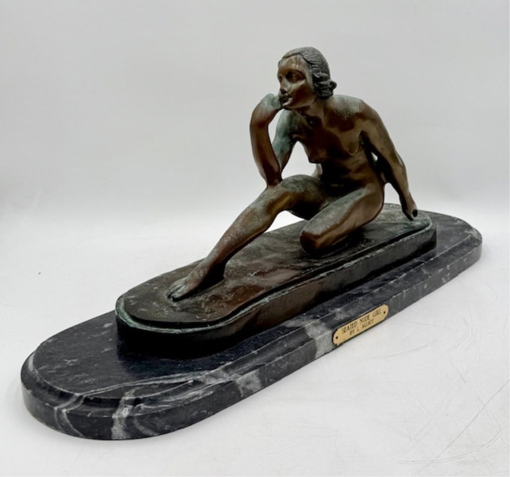 L. Alliot 'Seated Nude Girl' Bronze Sculpture: L. Alliot 'Seated Nude Girl' bronze sculpture. Mounted on marble base. Heavy. Approximately 11"h x 24"w x 6.5"d and 31 pounds. Photos are considered part of the condition and description. 217-9