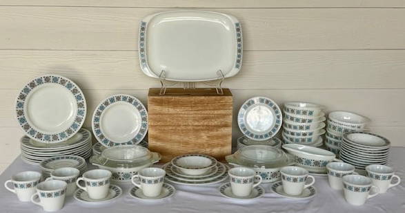 Vintage J&J Pyrex Chelsea Pattern Dining Set: Large vintage J&J Pyrex Chelsea pattern dinning set. Service for 6 plus more. Set includes (10) 2.75" tea cups, (12) 5.75" saucers, (12) 6.5" bread plates, (6) 8.5" lunch plates, (11) 10" dinner plate