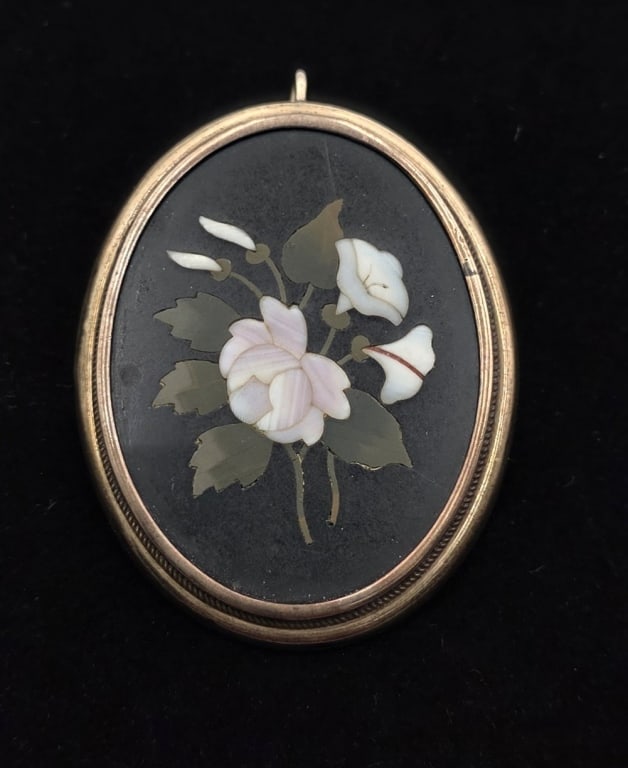 14K Gold Frame Floral Mosaic Brooch - 15.3g TW (1 of 5)