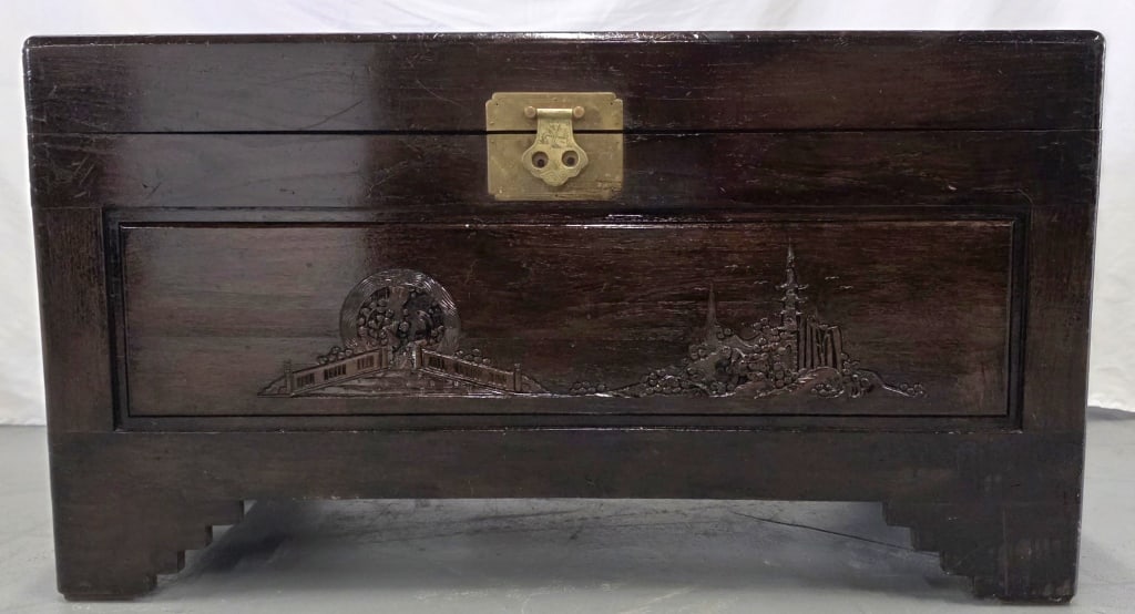 Vintage Chinese Carved Camphor Blanket Chest: Vintage Chinese carved camphor wood chest. Carved top, front, and side details. Approximately 19"h x 34.5"w x 16.5"d. Photos are considered part of the condition and description. 412-11