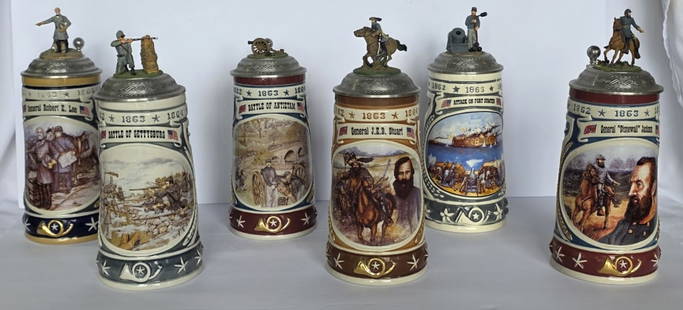 6 Limited Edition CUI, Inc. Civil War Beer Steins: Six limited edition CUI, Inc. Civil War beer steins. Editions 1 through 6. Includes 10.5" 1st edition Attack on Fort Sumter #d 120/4950, 10.25" 2nd edition General 'Stonewall' Jackson #'d 105/4950, 10