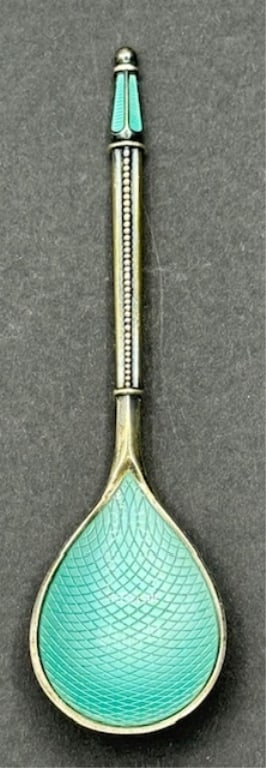 Anton Michelsen S.S. & Enamel Demitasse Spoon: Beautiful Royal Anton Michelsen sterling silver and enamel demitasse spoon. Enameled spoon bowl and handle tip. Approximately 4.5"l and .765oz TW. Photos are considered part of the condition and descr