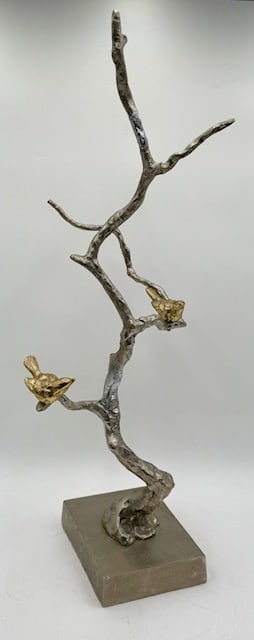 Modern Metal Natural Sculpture: Modern metal natural sculpture. Aluminum? Light weight. Features two gold birds on branches. Approximately 28.5"h x 6"w x8"d. Photos are considered part of the condition and description. 205-10