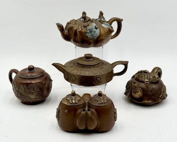5 Small Vintage Brass/Bronze Chinese Teapots