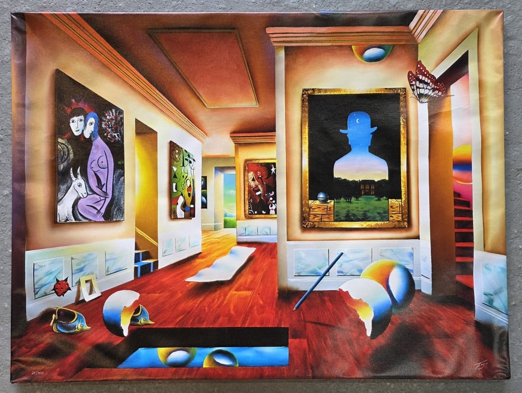 "Interior w. Magritte" Giclee Print on Canvas: "Interior with Magritte" Giclee on printed canvas. Signed Ferjo. Unframed and numbered 25/350. Approximately 39.5"h x 50"w. Photos are considered part of the condition and description. R