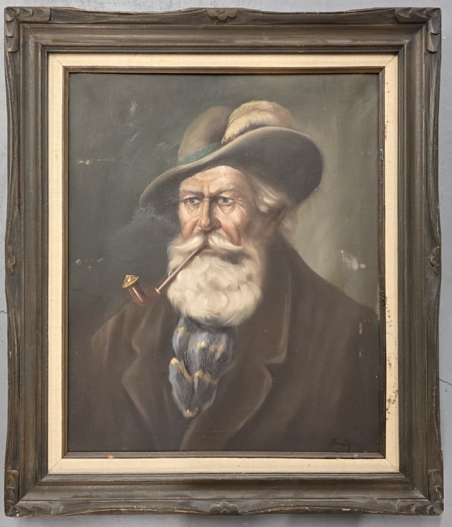 Artist Signed Framed Oil on Canvas: Artist signed farmed oil on canvas. Portrait of old man smoking a pipe. Signed Almady. Age crack present in oil. Frame has some nicks present and minor staining on matte. Approximately 31"h x 26.5"w. 