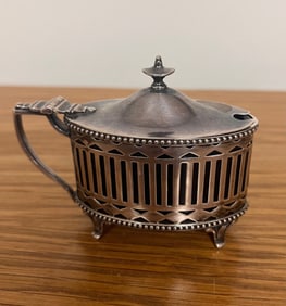 James Dixon & Sons - Sterling Silver Pierced Mustard Pot with Cobalt Blue Glass Liner
