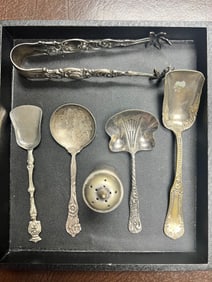 Lot of Silver Plated Serving Spoons, Tongs, Salt Shaker