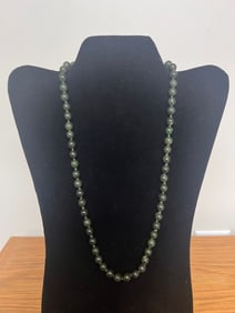 Carved Nephrite Spinach Dark Green Jade Necklace 14kt Gold Clasp