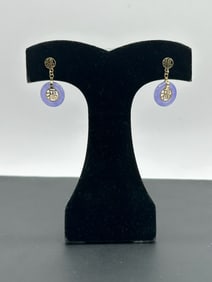 14k Gold and Lavender Jade Donut Earrings with Chinese Good Luck Symbol