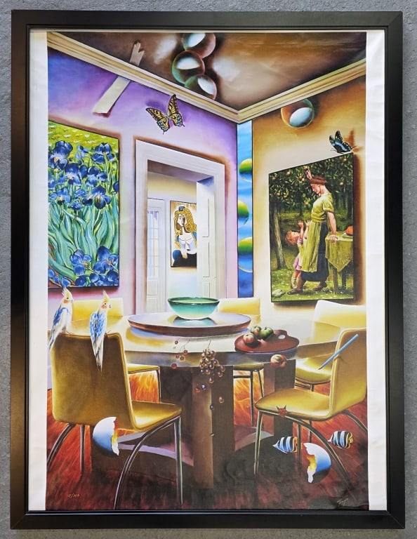 Framed "Victorian Delights" Giclee on Canvas: "Victorian Delights" giclee on canvas by Ferjo. Black frame. Numbered 15/350. Approximately 48"h x 32"w. Photos are considered part of the condition and description. R