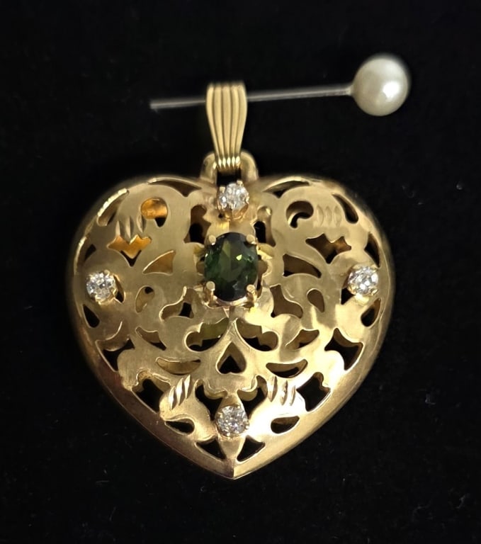 14K Diamond & Sapphire Heart Pendant - 6.68g TW (1 of 7)