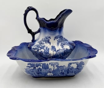 Vintage Staffordshire Flow Blue Pitcher and Basin