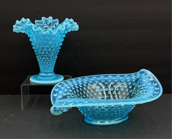 2 Pieces of Blue Opalescent Hobnail Glass