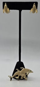 3pc 14k Gold Dolphin Earrings & Pin - 17.0g