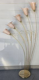 Italian Hollywood Regency Calla Lily Floor Lamp: Vintage Italian Hollywood Regency five-light calla lily floor lamp. Pink Murano-style glass shades. Brass base. Floor foot pedal on/off. In working condition. Approximately 64"h x 32"w. Photos are con