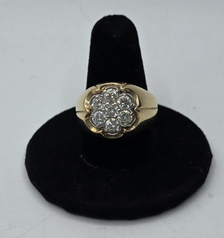 Men's 14k Diamond Flower Ring -  9.1g TW (1 of 6)
