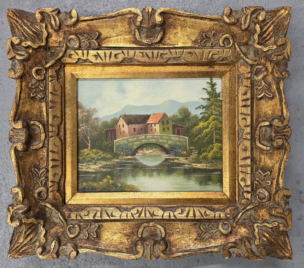 Artist Signed & Framed Oil on Canvas: Artist signed and framed oil on canvas. Landscape scene. Signed Eric. Gilt wood frame. Approximately 15"h x 17"w. Photos are considered part of the condition and description. R