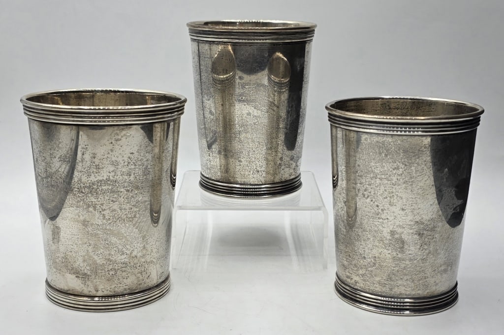 Sterling Silver Tumbler/Julep Cups- 12.745oz TW: Set of 3 sterling silver tumbler/julep cups. Approximately 4"h and 12.745oz TW. Photos are considered part of the condition and description. 501