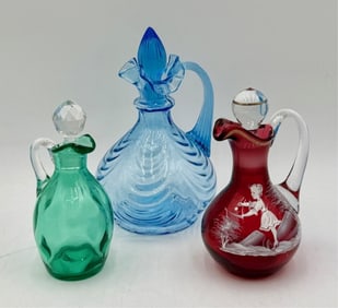 3pc Vintage Art Glass Cruets