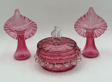 Cranberry Glass Victorian Covered Dish & Vases