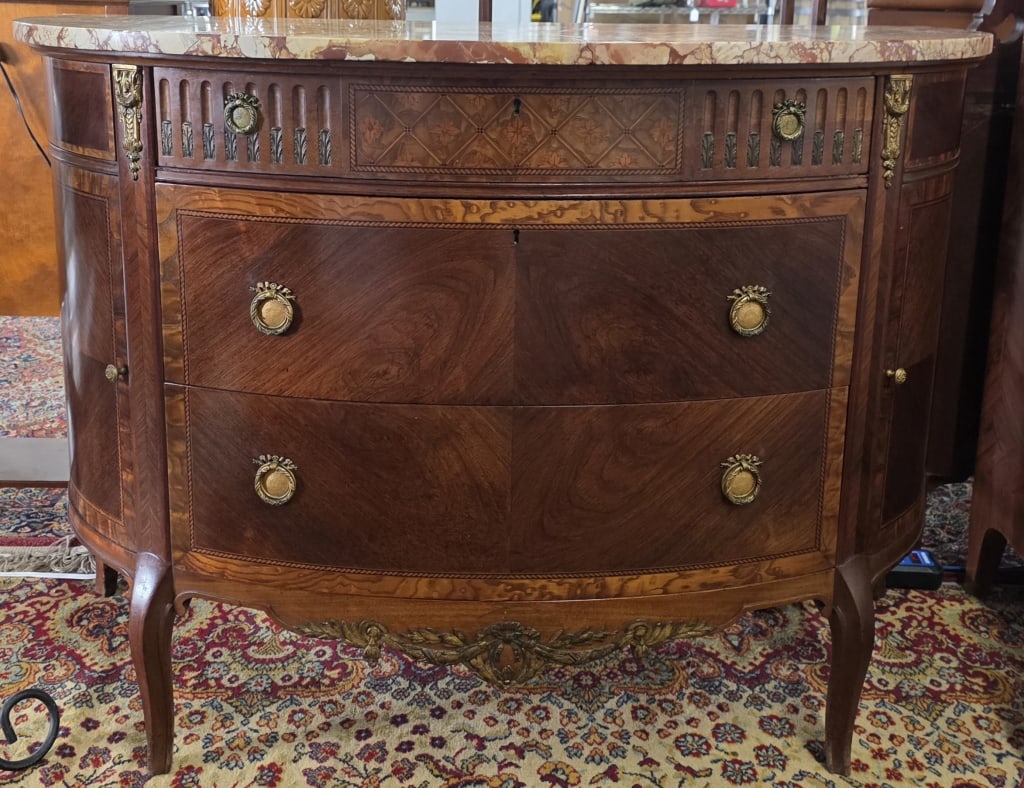 Louis XVI Style Inlaid Marble Top Demi-Lune (1 of 10)