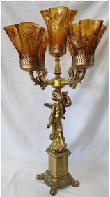Victorian Style Figural Candelabra w/Amber Shades
