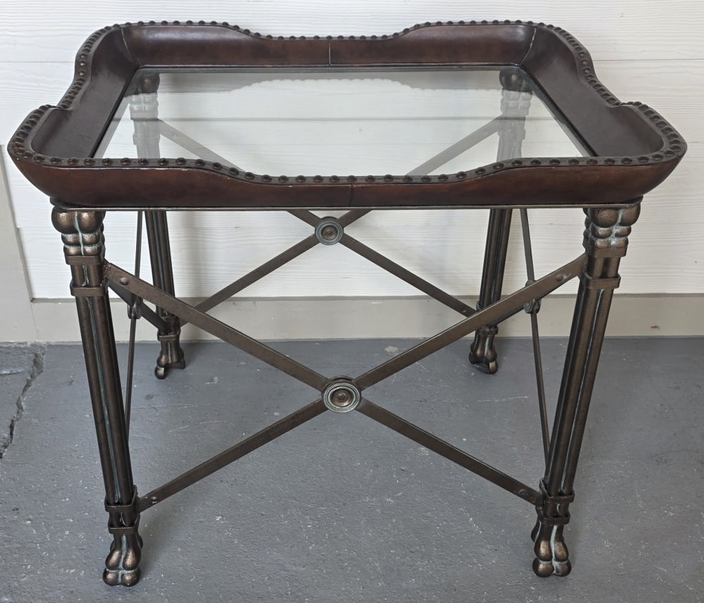 Maitland Smith Style Leather & Glass Side Table (1 of 8)