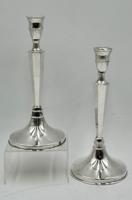 Sterling Silver Candlestick Holders - 5.84oz: Pair of sterling silver candlestick holders. Some tarnish present. Approximately 8.75"h x 3.75"w and 5.84oz TW. Photos are considered part of the condition and description. 113