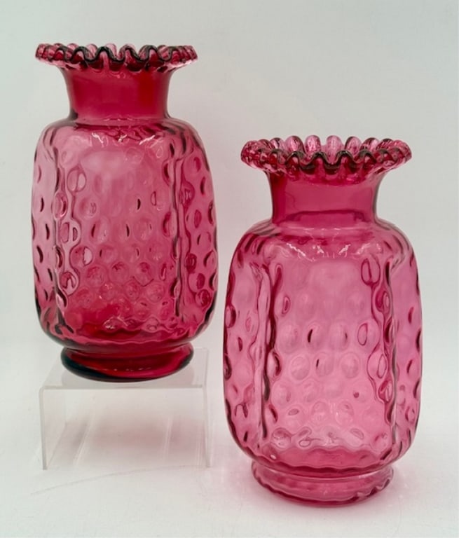 Fenton Style Cranberry Glass Pinch Vases (1 of 9)